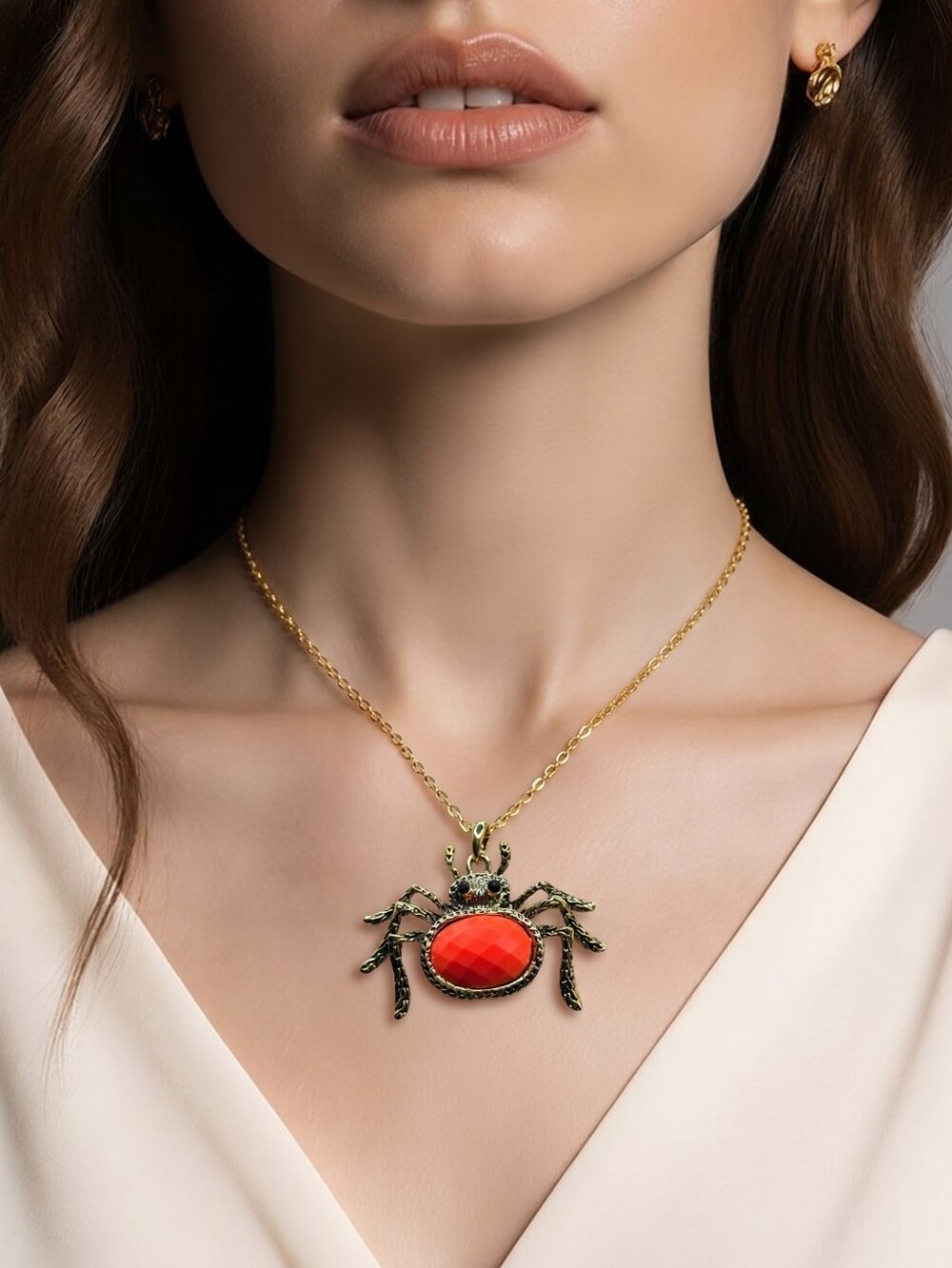 Gold-Tone Spider Pendant Necklace with Orange Stone
